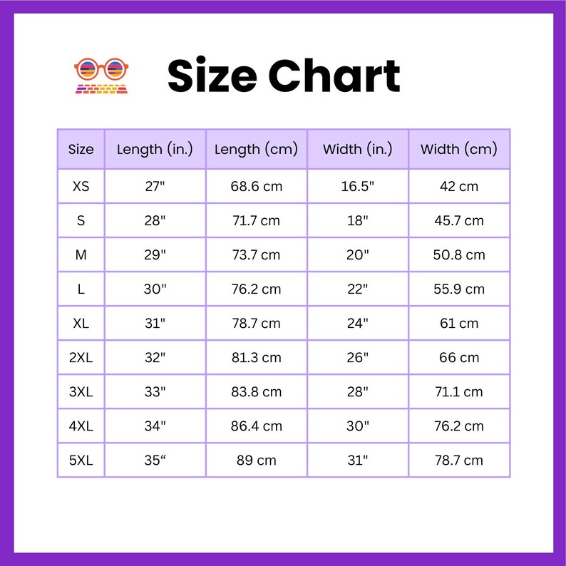 Peut inclure: Tableau des tailles pour les v&ecirc;tements avec des mesures en pouces et en centim&egrave;tres. Le tableau indique la longueur et la largeur des diff&eacute;rentes tailles, de XS &agrave; 5XL.