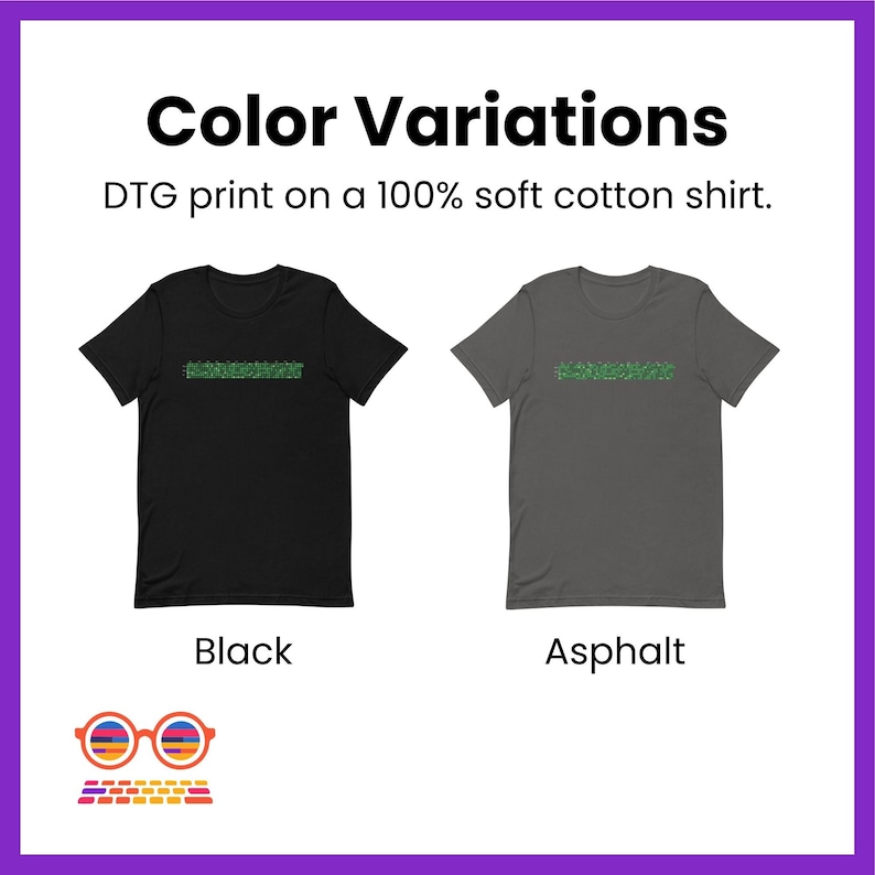 Może przedstawiać: Dwie koszulki z zielonym nadrukiem graficznym na czarnej i asfaltowej koszulce. Tekst brzmi "Color Variations" i "DTG print on a 100% soft cotton shirt."