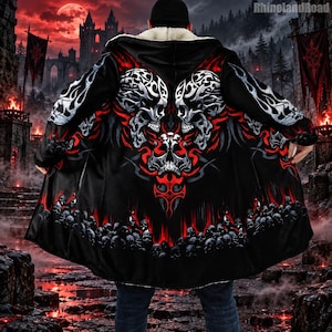 Gothic Skull Hooded Cloak Coat, Dark Red Flame Tribal Sherpa Fleece Cape, Biker Horror Jacket, Winter Warm Oversized Robe Coat Gift