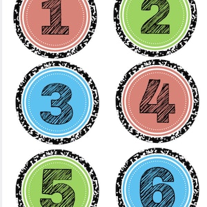 Puede incluir: Seis etiquetas de números circulares coloridas. Cada etiqueta presenta un número del uno al seis en una fuente negra garabateada, sobre un fondo de color rojo, verde y azul. Los números están rodeados por una línea de puntos blanca y un borde con estampado en blanco y negro.