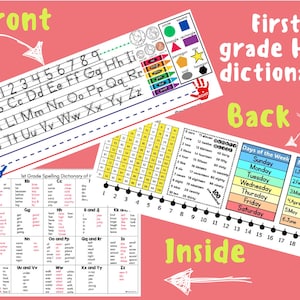 May include: A first-grade HFW dictionary with a pink background. The front shows numbers, the alphabet, and handwriting lines. The back has days of the week, months, and a number line. Inside, there is a spelling dictionary.