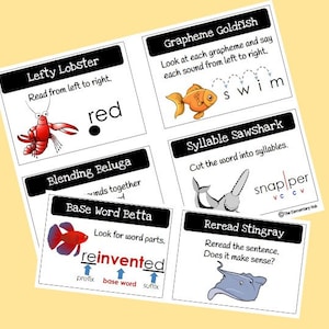 May include: Educational flashcards featuring sea creatures and vocabulary concepts. Cards include "Lefty Lobster," "Grapheme Goldfish," "Blending Beluga," "Syllable Sawshark," "Base Word Betta," and "Reread Stingray." Each card has a title, instructions, and an illustration.