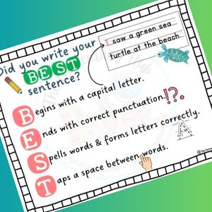 Può includere: Un poster educativo bianco con uno sfondo sfumato verde e blu. Il poster contiene il testo "Did you write your BEST sentence?" e spiega gli elementi di una buona frase. Include un disegno di una matita e una tartaruga marina.