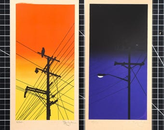 Two Hunters Bird Screenprint – Owl and Hawk Sunset Diptych Art Prints (Set of 2)