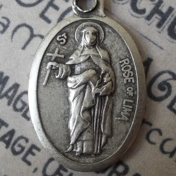 Vintage Saint Rose Of Lima Religious Medal Patron Of Latin America And Philippines Protector Of Florists & Gardeners Holding A Cross Pendant