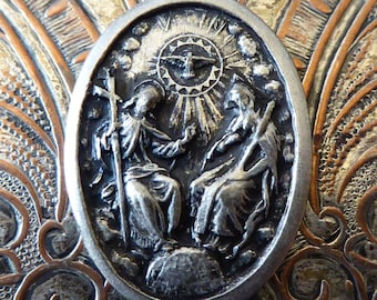 Santísima Trinidad / Espíritu Santo Paloma Medalla Católica Italiana, Colgante de Joyería Vintage Circa 1950, Padre Hijo y Medallón Religioso del Espíritu Santo