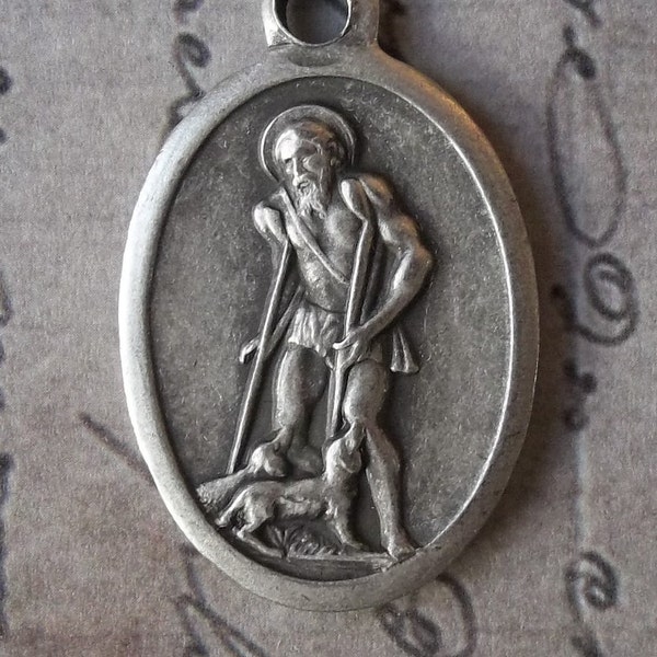 Vintage Saint Lazarus Italian Religious Holy Medal, Risen From The Dead, Catholic Oval Shaped Necklace Pendant, Patron Saint Medallion Charm