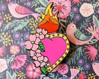 Pink Heart & Dogwood Flowers Hard Enamel Pin - The Ex Voto Project - "Gracious Crossroads" Sacred Heart Flame - Designed By Jill Marie Davis