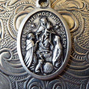 Silver Miraculous Religious Medal Queen Of The Most Holy Rosary, Our Lady Of Pompei Pompeii, Virgin Mary Pray For Us, Catholic Pendant Charm