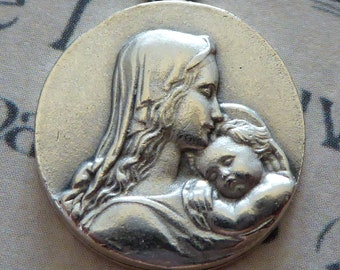 MOTHERHOOD Madonna Del Latte Silver Italian Medal Pendant Blessed Virgin Mary Our Lady Nursing Baby Jesus Childbirth With Blooming Flowers