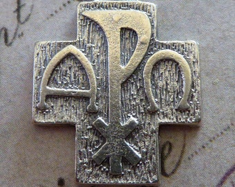 Labarum Or Chi-Rho Symbol, Religious Medal Vintage Italian Rome PAX Peace Cross - I Am The Alpha And The Omega, Holy Medallion Pendant Charm