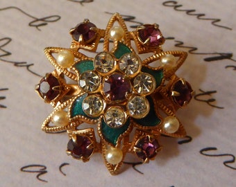 Vintage Gold Star Brooch Lapel Pin, With Jade Green Glass Enamel, Faux Seed Pearls, Amethyst & Diamond Rhinestones, Mughal Costume Jewelry