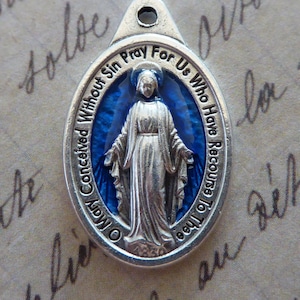 Catholic Italian Medallion Vintage Pendant, Royal Blue Enamel Silver Miraculous Medal Of The Immaculate Conception 1830 Blessed Virgin Mary