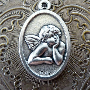 1940&#39;s Italian Silver Catholic Religious Medal, Raphael Sanzio Cherub Angel From Detail Of The Sistine Madonna Art, Guardian Holy Medallion!