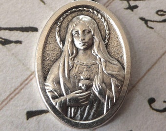 Vintage Italian Catholic Holy Medal, The Immaculate Heart Of The Blessed Virgin Mary Pray For Us, Necklace Pendant Religious Medallion Charm