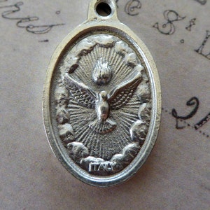 Heilige Geest Dove Ghost katholieke religieuze medaille Vintage Italiaanse, Spaanse Ruega Por Nosotros Spaanse medaillon ketting hanger zilveren charme