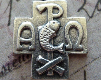 Vintage Italian PAX Peace Cross, Labarum Or Chi-Rho Symbol With Fish, Religious Medal - I Am The Alpha And The Omega, Holy Necklace Pendant