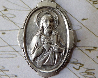 Catholic Scapular Virgo Carmeli Silver Italian Medal Sacred Heart Jesus And Our Lady Of Mount Carmel Art Deco Religious Pendant Medallion!