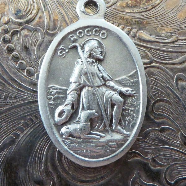 St. Rocco / Roch Protector Of Dogs & Surgeons, Vintage Italian Religious Medal Catholic Necklace Pendant Holy Medallion Charm, Pray For Us