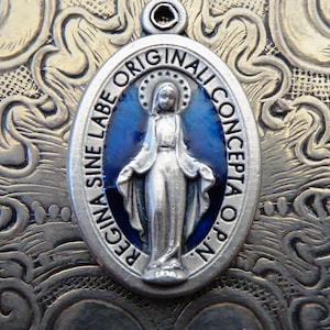 Royal Blue Enamel Silver Miraculous Medal Of The Immaculate Conception 1830 Blessed Virgin Mary, Catholic Italian Medallion Vintage Pendant
