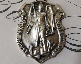 Saint Michael The Archangel - CREED Silver Protect Us Religious Medal Badge Pendant - Patron St. Of Police Officers, Paratroopers, Mariners!