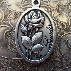 Blooming Rose & Our Lady Of Lourdes Vintage Italian Catholic Necklace Pendant Blessed Virgin Mary Saint Bernadette Soubirous Religious Medal