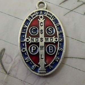 Unusual Silver Italian Saint Benedict Medal San Benito Pendant With Blue & Red Enamel Patron Saint Of Europe, Kidney Disease, Schoolchildren