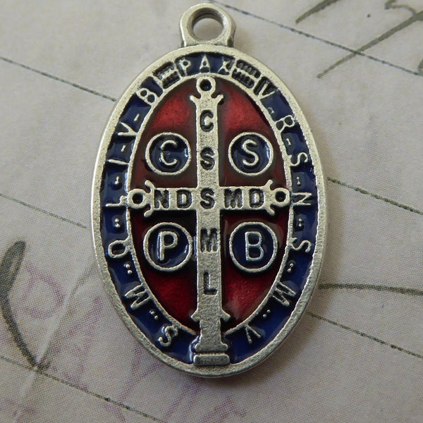 Unusual Silver Italian Saint Benedict Medal San Benito Pendant With Blue & Red Enamel Patron Saint Of Europe, Kidney Disease, Schoolchildren