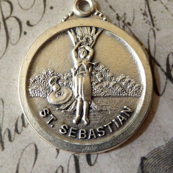 Saint Sebastian CREED Italian Silver Catholic Religious Medal Patron Of Athletes & Soldiers, Saviour Protect Against Pestilence And Plague!