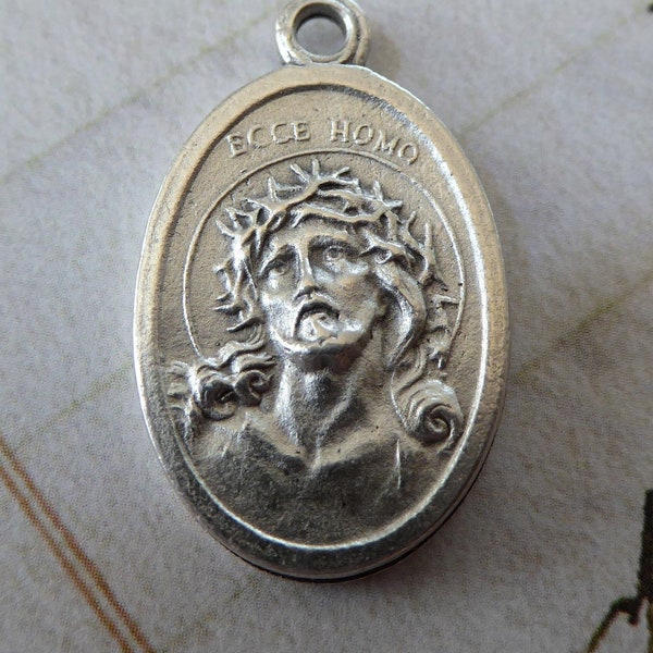 Ecce Homo Religious Medal With Flowers, Behold The Man The Passion Of Jesus Christ - Holy Italian Catholic Necklace Pendant, Crown Of Thorns