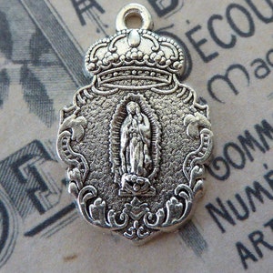 Our LADY Of GUADALUPE Mexico Blessed Virgin Immaculate Mary, Ornate Silver Crown & Spanish Colonial Medal, Catholic Religious Pendant Charm