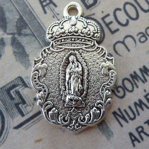 Our LADY Of GUADALUPE Mexico Blessed Virgin Immaculate Mary, Ornate Silver Crown & Spanish Colonial Medal, Catholic Religious Pendant Charm