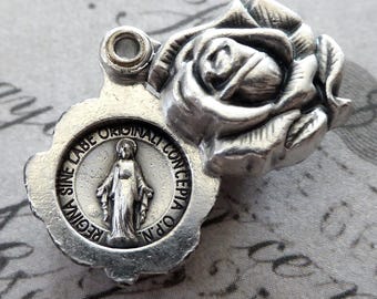 Italian Rose Flower Locket Pendant Miraculous Medal Of The Blessed Virgin Mary - Vintage Souvenir Catholic Religious Necklace Medal Jewelry