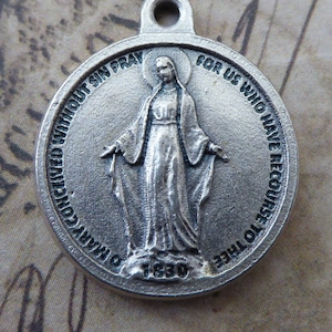 Vintage Amerikanisches Silber, Rund Miraculous Medal Of The Unbefleckte Empfängnis 1830 Gesegnete Jungfrau Maria Mutter Gottes, Halskette Anhänger Charm