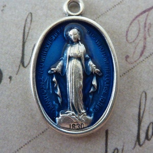 Royal Blue Enamel Italian Catholic Silver Miraculous Medal Of The Immaculate Conception, 1830 Vintage Pendant Blessed Virgin Mary Medallion!