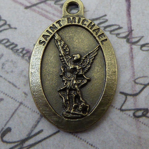 Bronze Saint Michael The Archangel Italian Medal Pendant, Patron St. Of Mariners, Police, Paratroopers, & Grocers, Holy Catholic Medallion