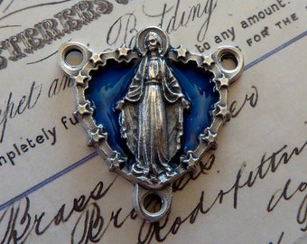 Translucent Royal Blue Enamel & Silver Rosary Center - Blessed Virgin Mary Miraculous Medal Of The Immaculate Conception - Italian Catholic