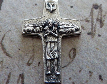 Tiny Good Shepherd Crucifix Religious Medal Pope Francis' Silver Pectoral Cross Holy Medallion Charm By Vedele Made In Italy, Papa Francisco