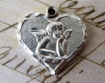 Tiny 1940's Italian Silver Heart Catholic Religious Medal, Raphael Sanzio Cherub Angel From Detail Of The Sistine Madonna Art Holy Medallion