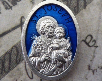 Cobalt Enamel Saint Joseph With Infant Jesus - Catholic Italian Medal Protector Of Fathers, Carpenters - Patron St. Of Workers & Craftsmen