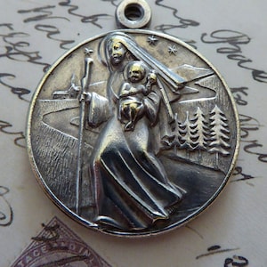 Art Deco Blessed Virgin Mary Medal: Saint Christopher, French Inscription