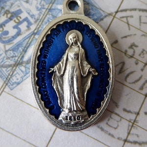 Italian Cobalt Blue Enamel & Silver Miraculous Medal Of The Immaculate Conception 1830 Blessed Virgin Mary Catholic Medallion Pendant Charm!