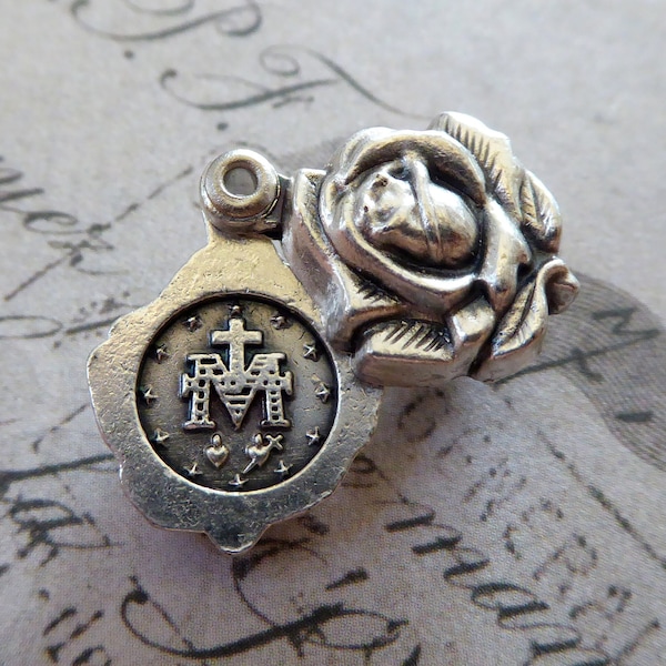 Italian Rose Flower Locket Pendant Miraculous Medal Of The Blessed Virgin Mary - Vintage Souvenir Catholic Religious Necklace Charm Jewelry!