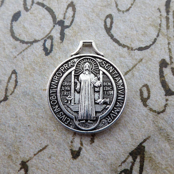 Small Saint Benedict Religious Medal, Highly Detailed Silver San Benito Pendant Charm Patron Saint Of Europe, Kidney Disease, Schoolchildren