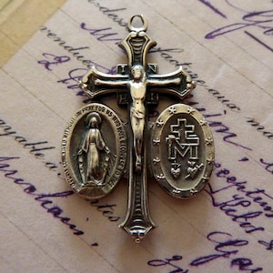 Vintage Italian Crucifix Pendant: Jesus, Mary, Miraculous Medal
