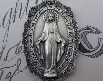 Silver Floral Wreath Latin Text Miraculous Medal Of The Immaculate Conception 1830 Blessed Virgin Mary Mother Of God, Necklace Pendant Charm