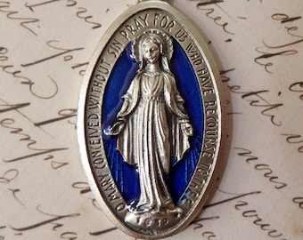 Large Turquoise Blue Enamel Blessed Virgin Mary Catholic Italian Medallion Pendant Silver Miraculous Medal Of The Immaculate Conception 1830