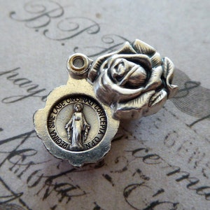 Italian Rose Flower Locket Pendant Miraculous Medal Of The Blessed Virgin Mary - Vintage Souvenir Catholic Religious Necklace Medal Jewelry