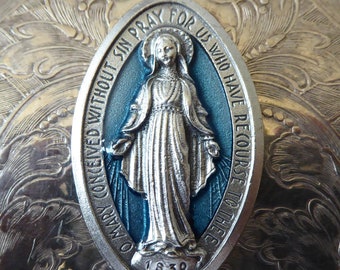 Large Turquoise Blue Enamel Blessed Virgin Mary Catholic Italian Medallion Pendant Silver Miraculous Medal Of The Immaculate Conception 1830