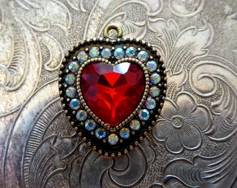 Belle Époque Pigeon Blood Ruby Red Rhinestone & Aurora Borealis Crystal Ice Valentine Heart Pendant Necklace Charm, Sacred Queen Royal Style